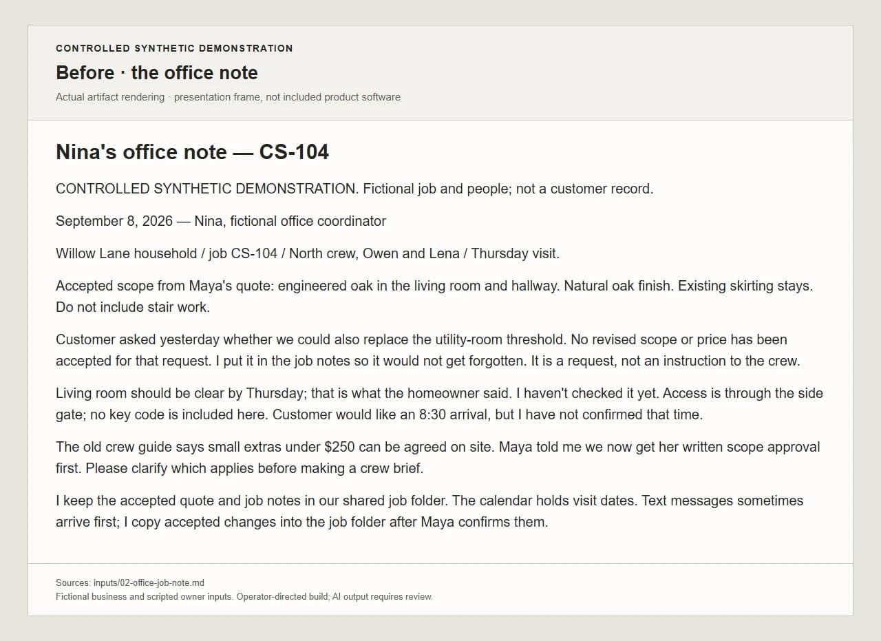 Actual fictional office note. Accepted work, an extra request and unconfirmed details appear together. Full note shown.
