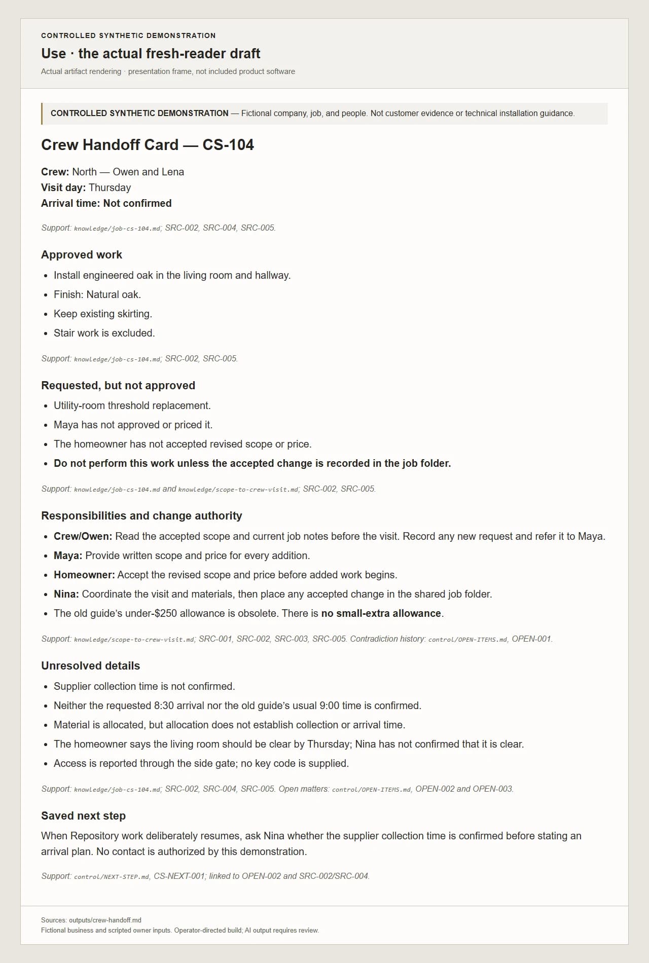 Actual final Markdown response from a fresh AI process reading the saved Repository. Full output shown; draft for review, not authority to perform work.