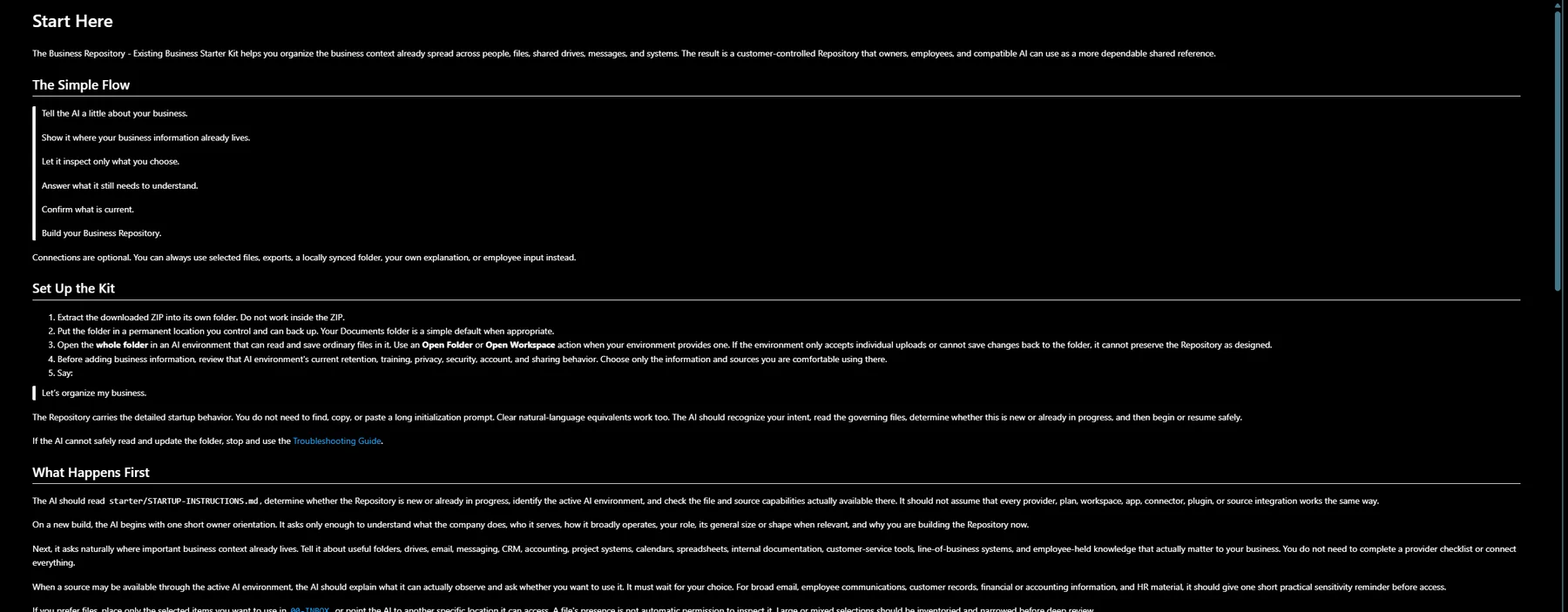 Actual Start Here guide from the Existing Business customer package.